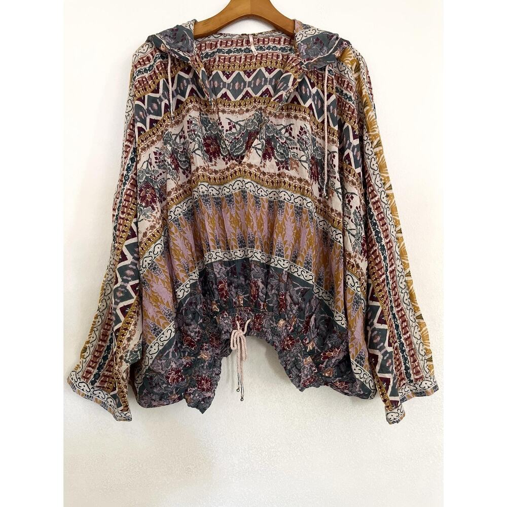 Free People Hold On Tight Blouse Women M/L Floral Hooded Dolman Sleeve Boho
